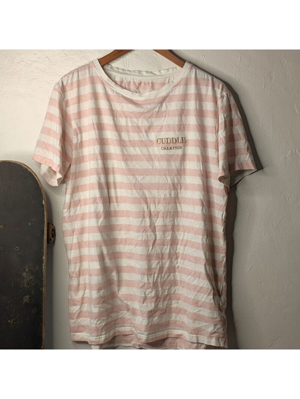Primark Men's Pink and White Striped 'Cuddle Champion' Short Sleeve T-Shirt Size